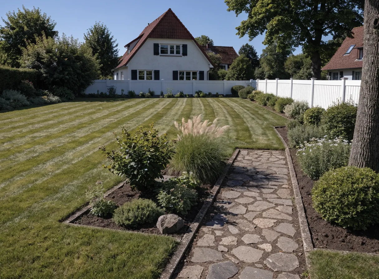 Gemähter Rasen mit gefegtem Gartenweg