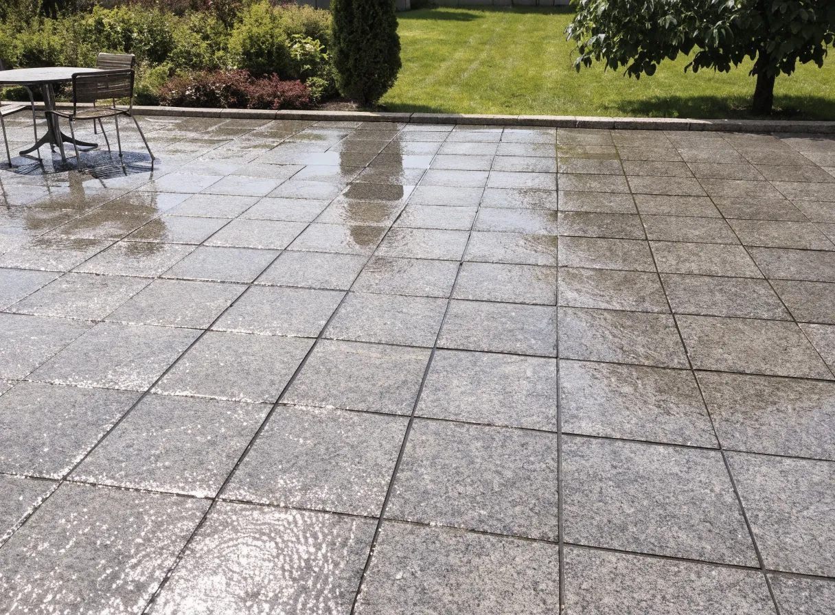 Gereinigte Steinterrasse mit Gartenmöbeln